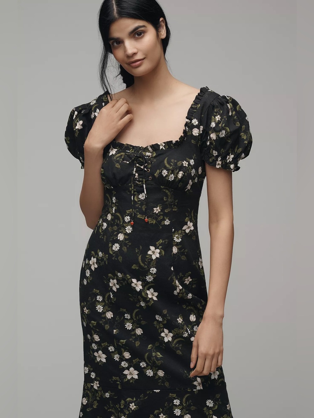 Anthropologie Maeve Linen Blend Floral Puff-Sleeve Sweetheart Midi Dress Size XL